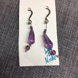 Handmade Dangle Pierced Earrings As Is By Nicole Purple Silver Swirl Teardrop